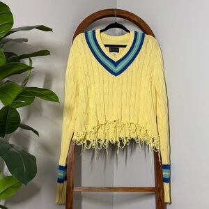 Kenneth Gordon x Harrolds LARGE Butter Yellow V Neck Distressed Sweater USA Made